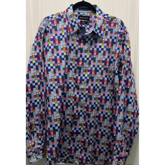Paul Fredrick Dress Shirt Mens Blue Geometric Classic Fit XLT Modern Statement - Picture 1 of 5